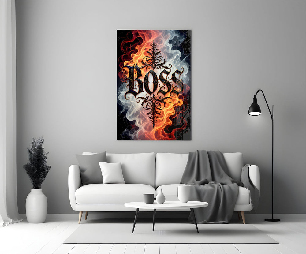 Boss Blackletter Fire and Smoke Glass Wall Art