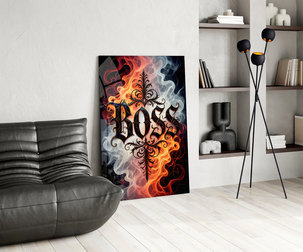 Boss Blackletter Fire and Smoke Glass Wall Art