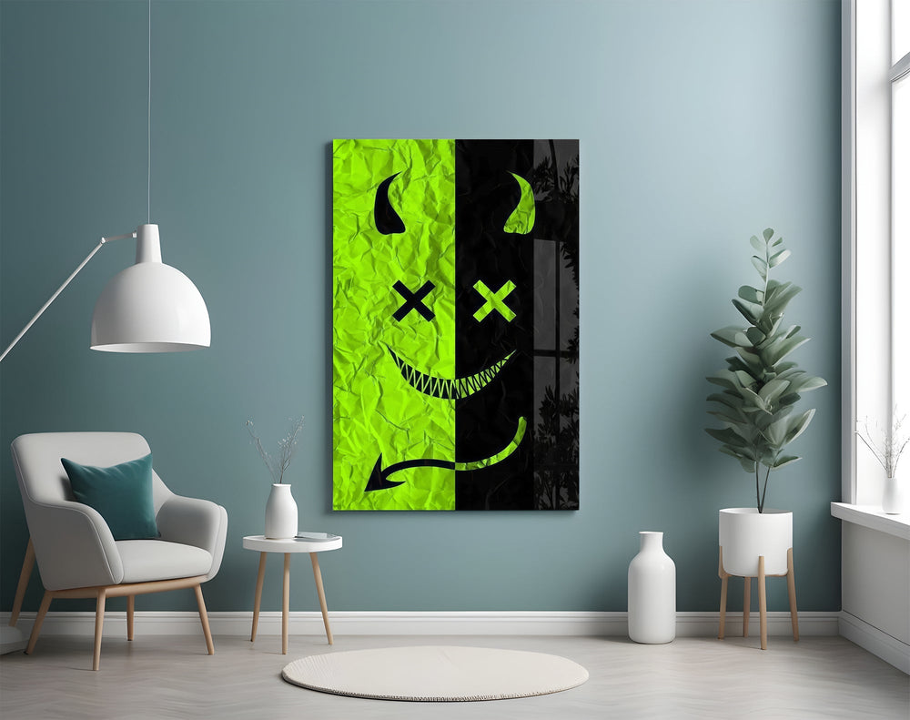 Split Neon Green Devil Smile Glass Wall Art