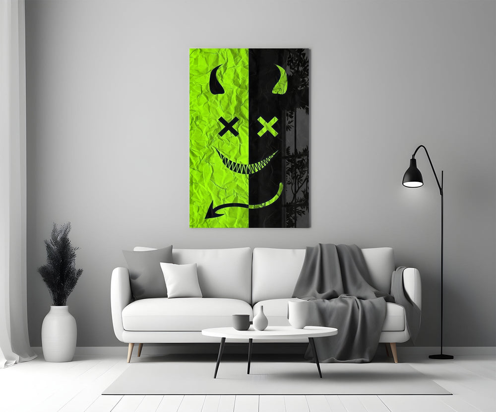 Split Neon Green Devil Smile Glass Wall Art