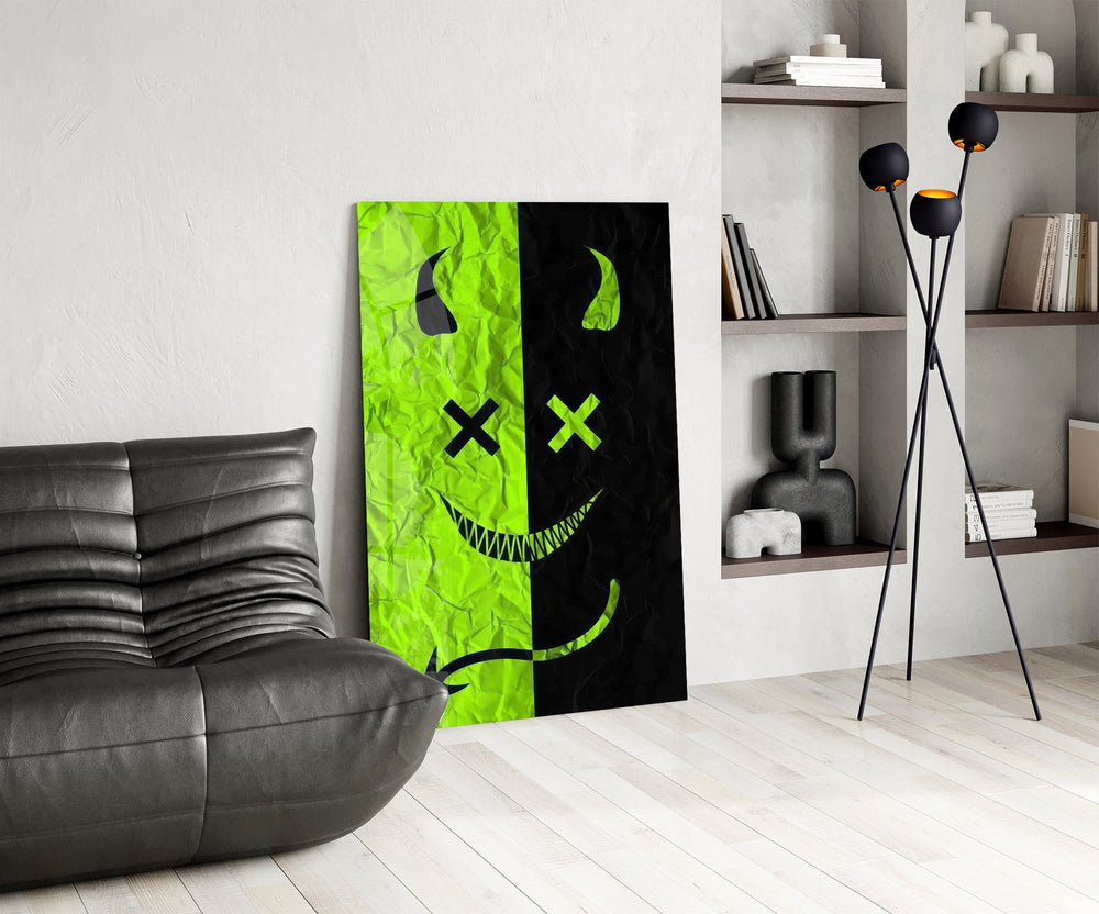 Split Neon Green Devil Smile Glass Wall Art