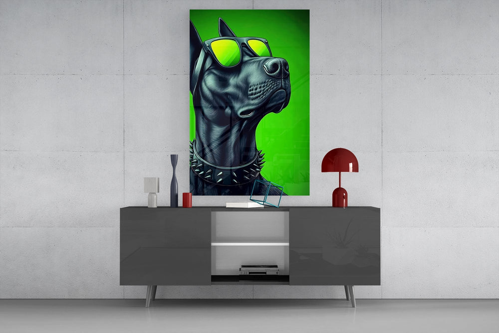 Lime Green Dog in Yellow Shades Glass Wall Art