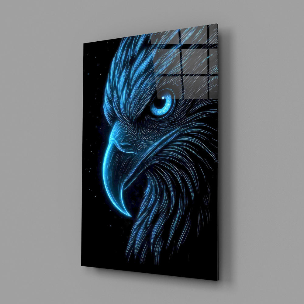 Neon Blue Eagle Head on Black Glass Wall Art