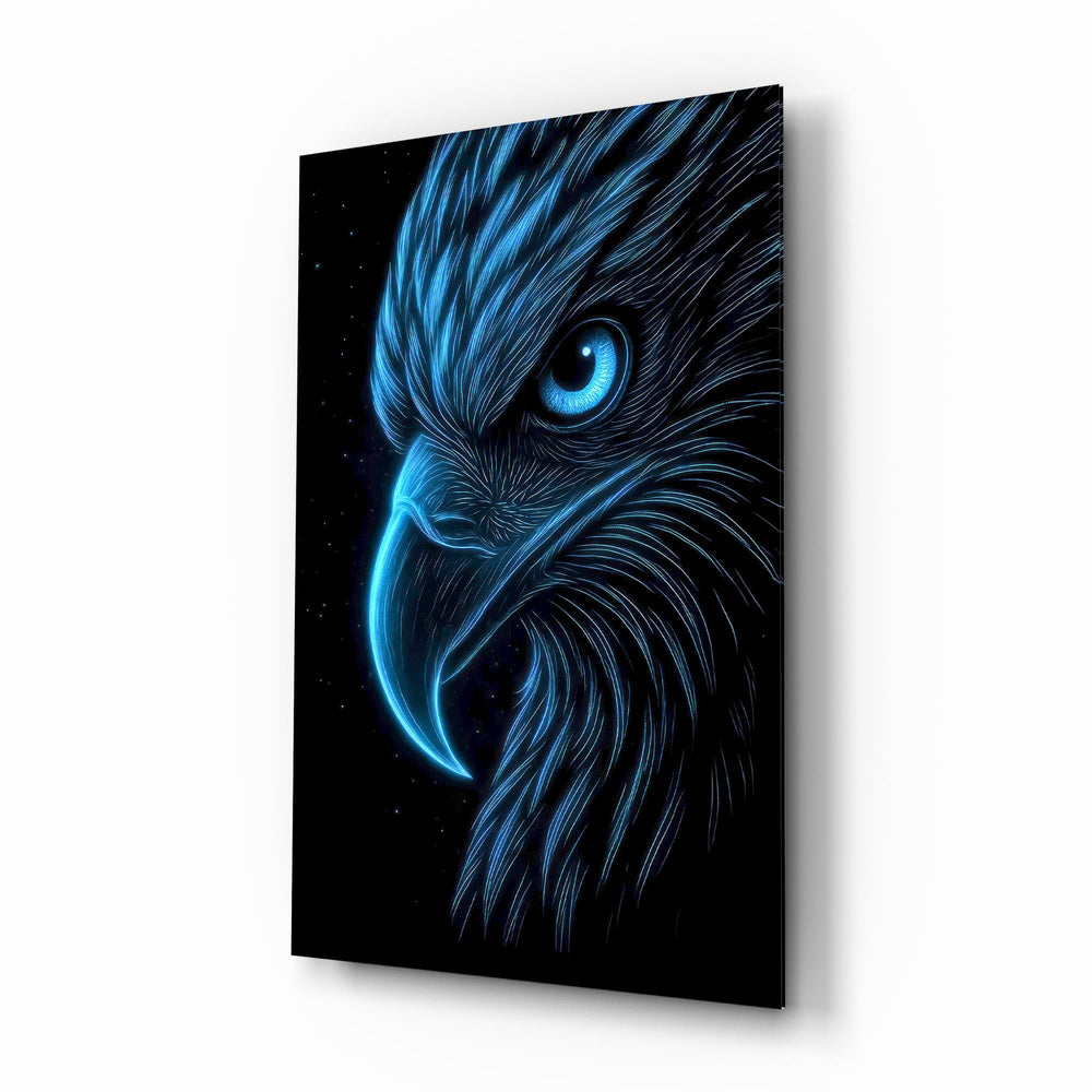 Neon Blue Eagle Head on Black Glass Wall Art