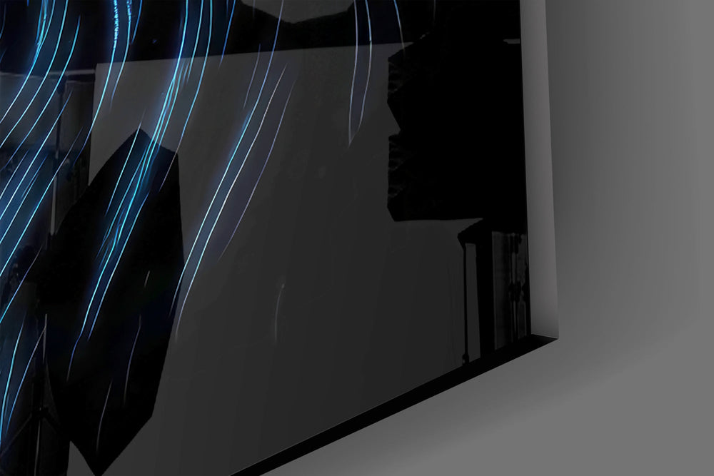 Neon Blue Eagle Head on Black Glass Wall Art