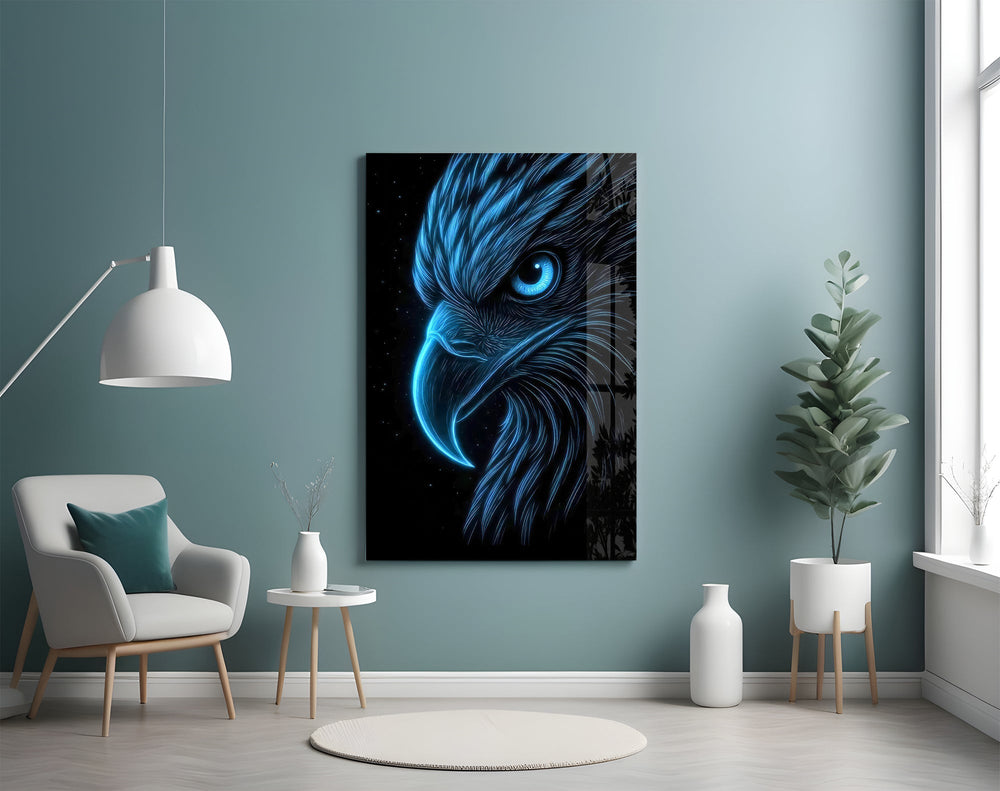 Neon Blue Eagle Head on Black Glass Wall Art