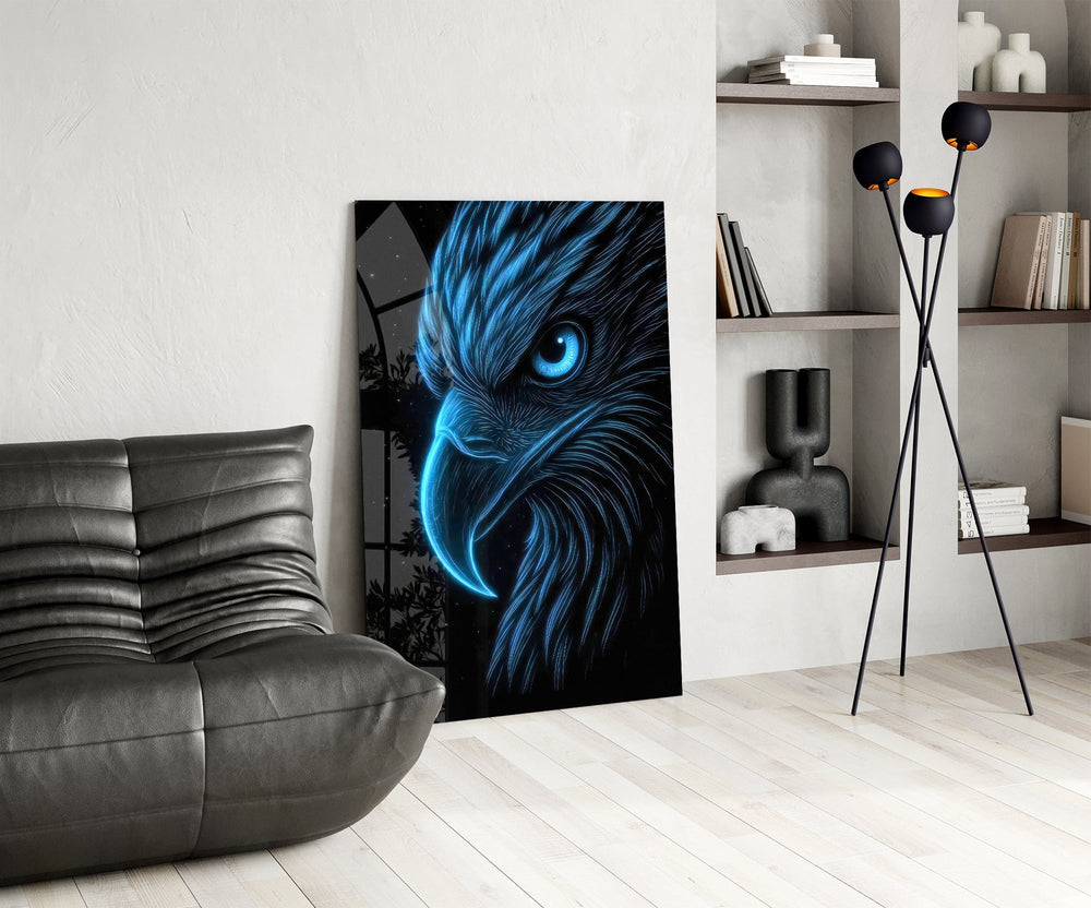 Neon Blue Eagle Head on Black Glass Wall Art