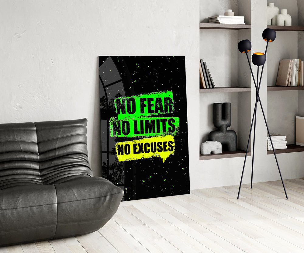 No Limits No Excuses Neon Green Glass Wall Art