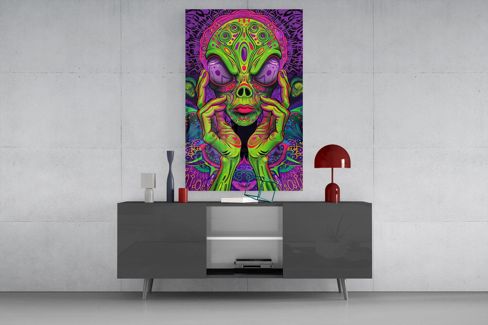 Neon Alien Face Psychedelic Mushroom Glass Wall Art