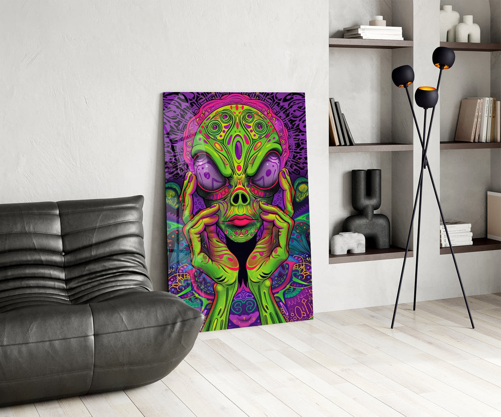 Neon Alien Face Psychedelic Mushroom Glass Wall Art
