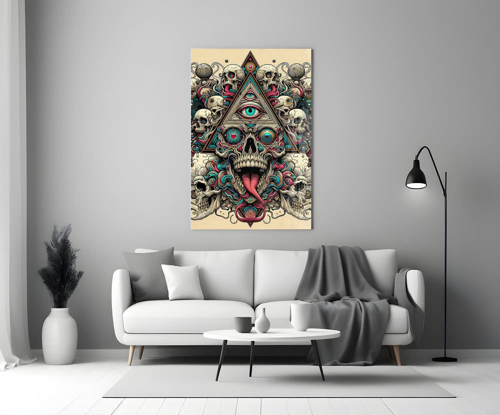 All Seeing Eye Triangle Skull Ink Glass Wall Art