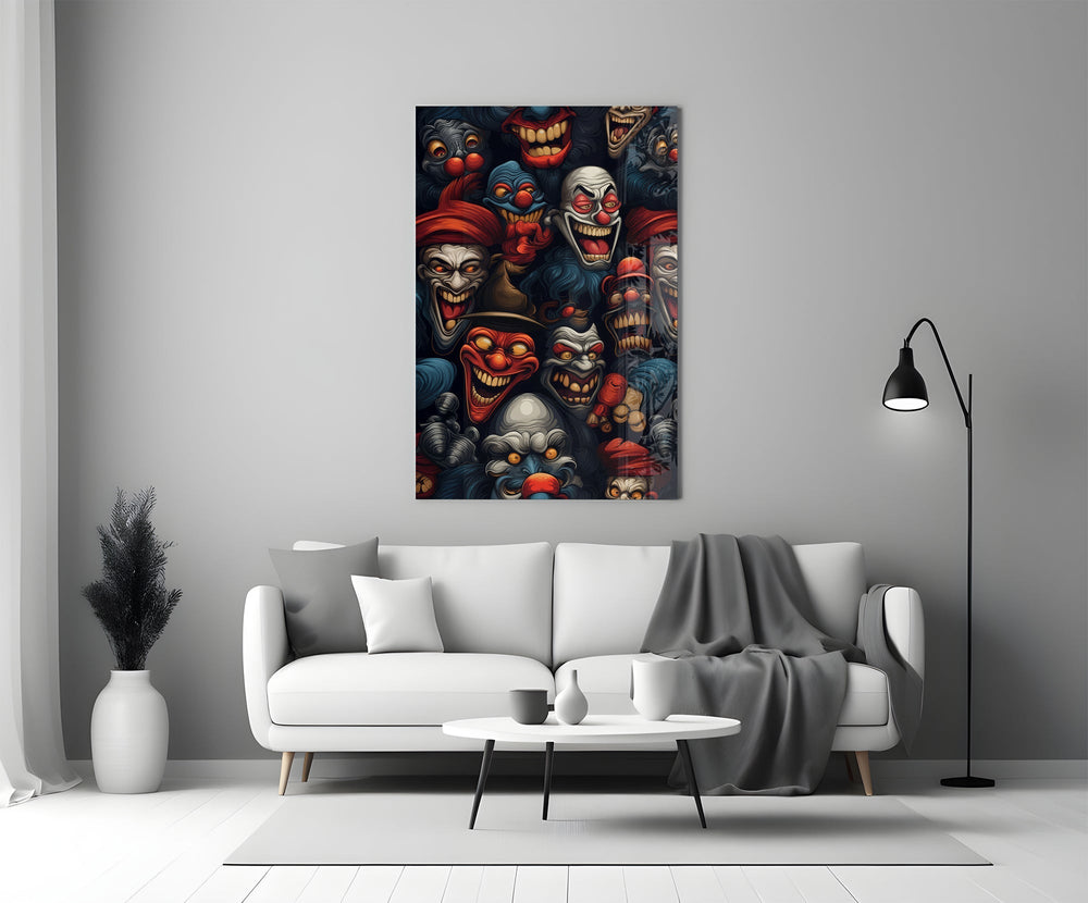 Grinning Clown Faces Dark Carnival Glass Wall Art