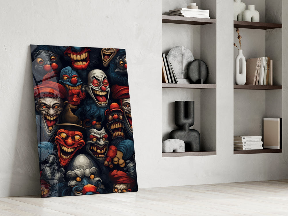 Grinning Clown Faces Dark Carnival Glass Wall Art