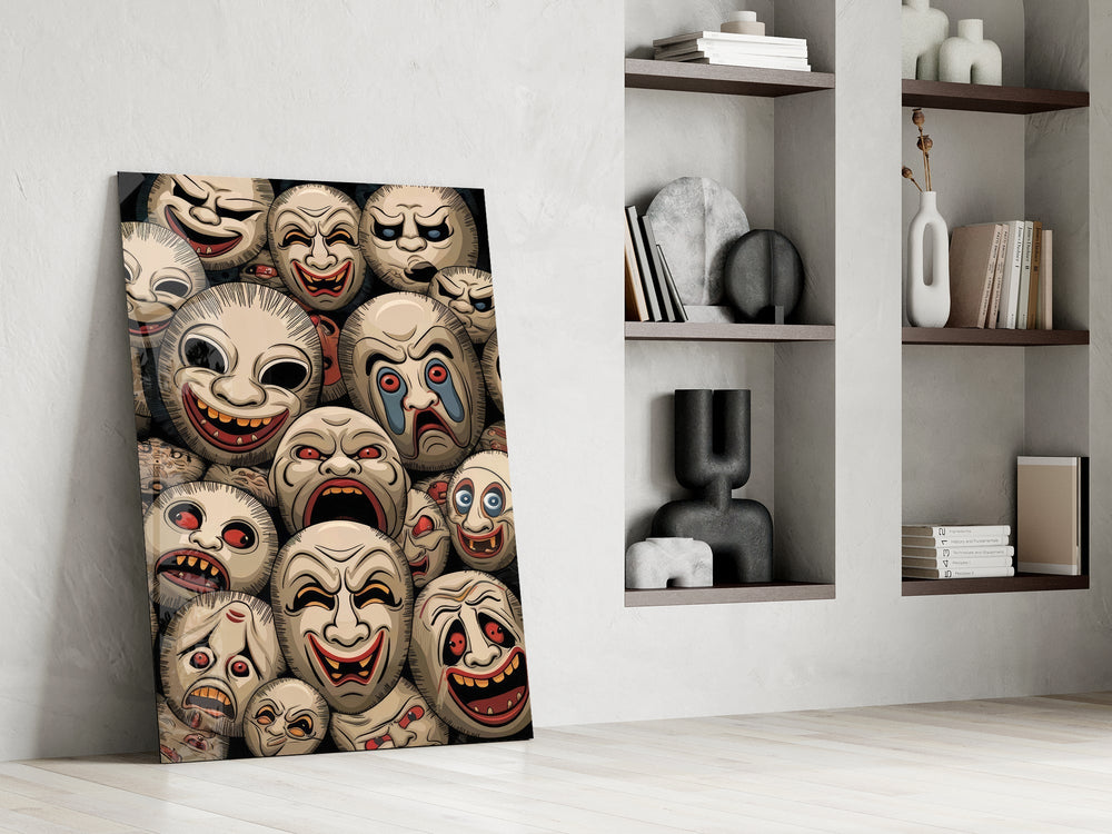 Sepia Theatre Masks Comedy Tragedy Glass Wall Art