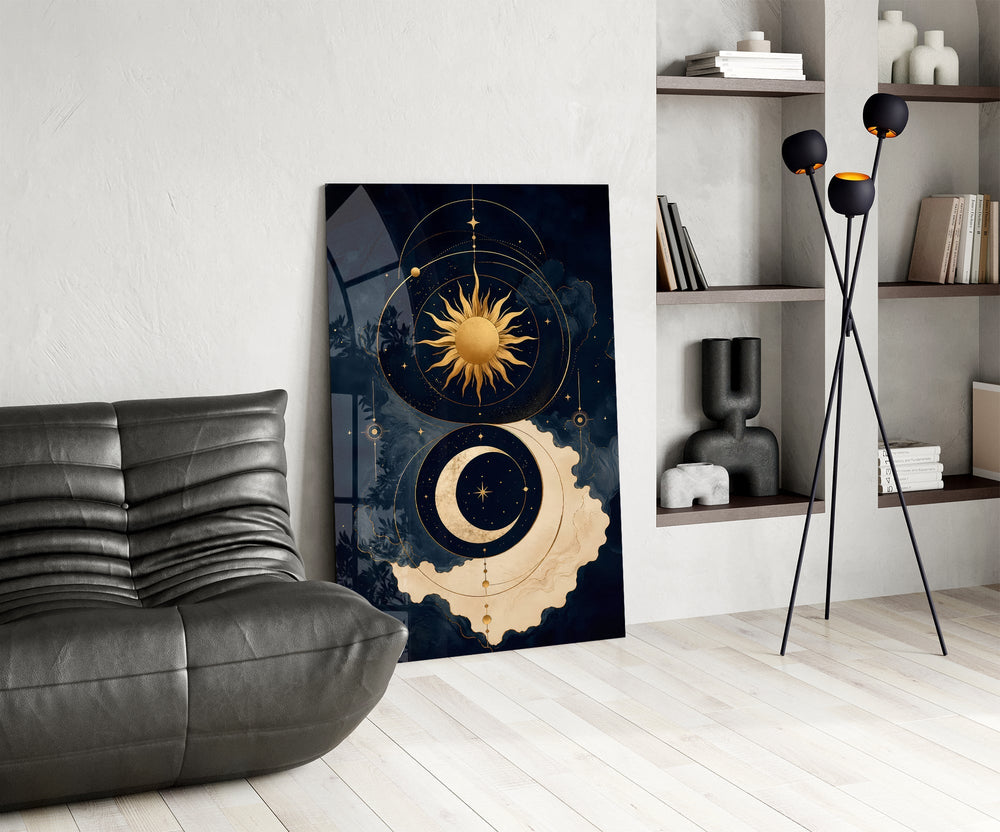 Navy and Gold Sun and Crescent Moon Glass Wall Art