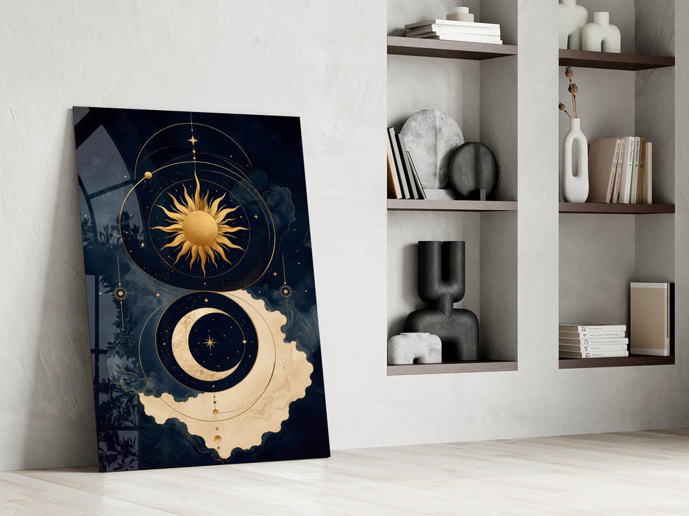 Navy and Gold Sun and Crescent Moon Glass Wall Art