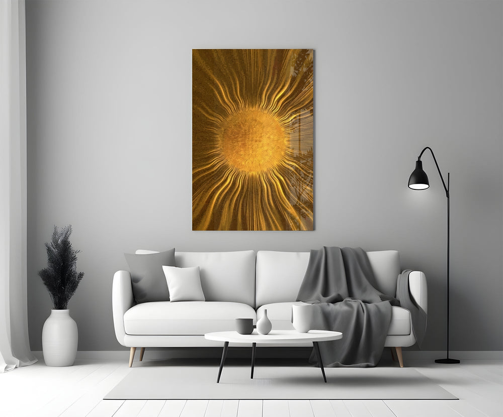 Golden Sunburst Radiant Metallic Glass Wall Art