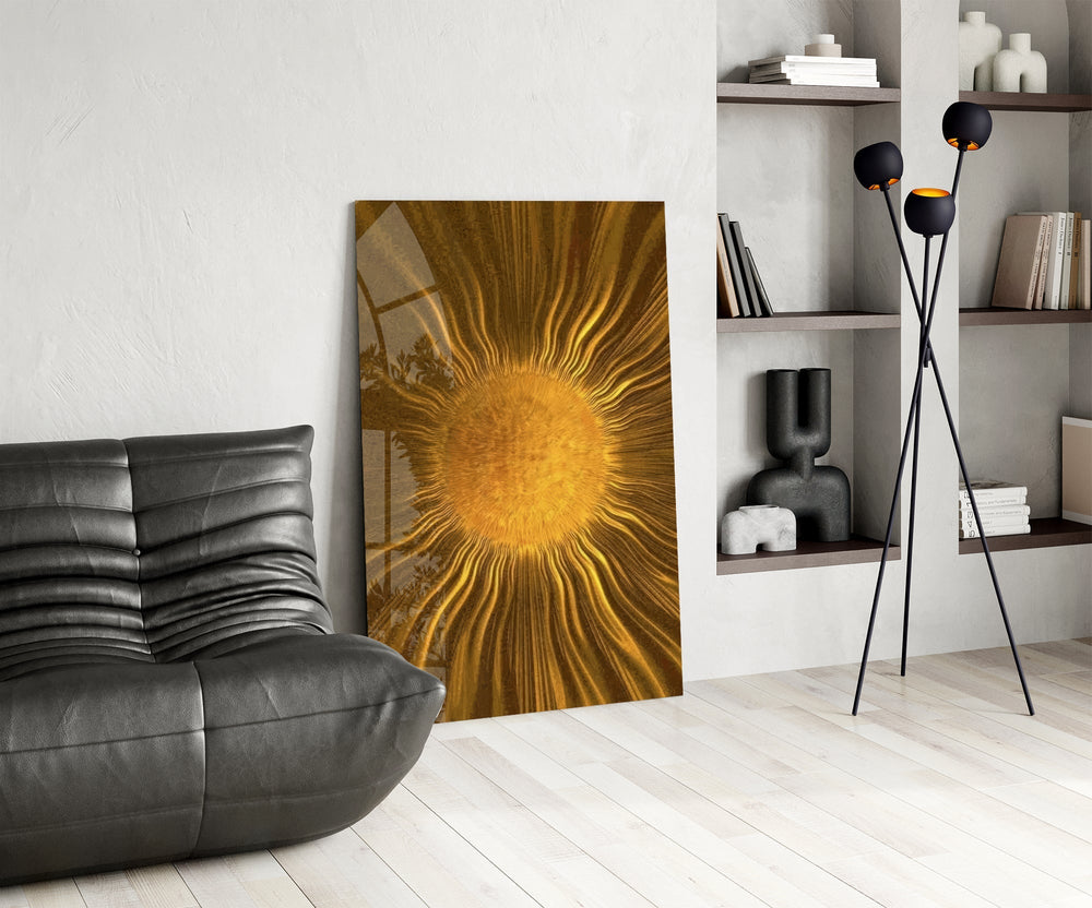Golden Sunburst Radiant Metallic Glass Wall Art