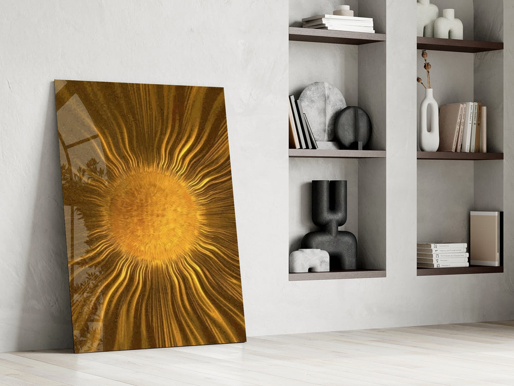 Golden Sunburst Radiant Metallic Glass Wall Art