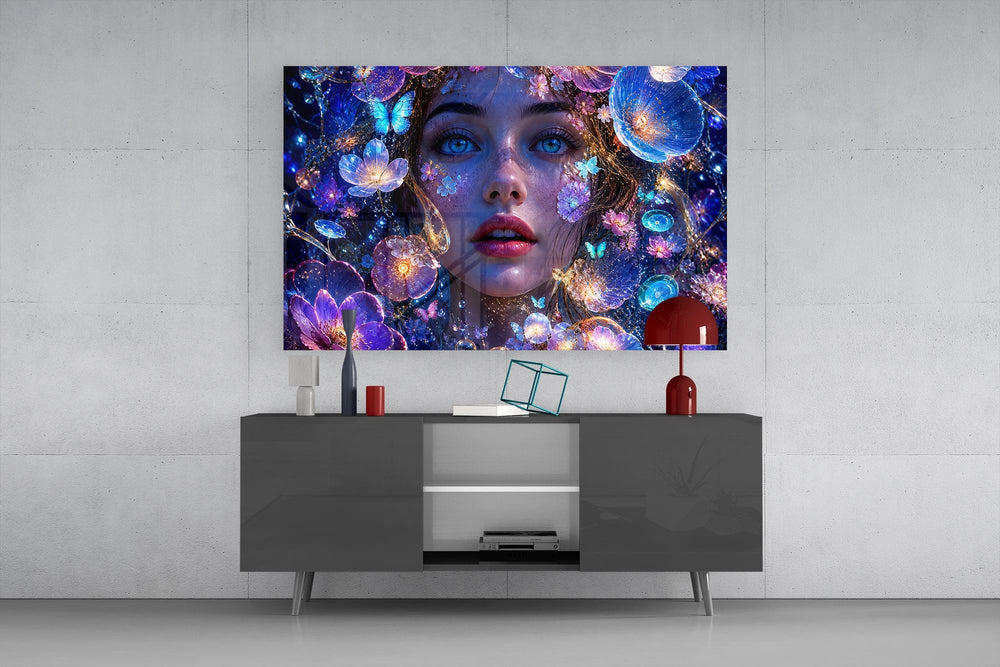 Blue Eyed Woman Glowing Flowers Glass Wall Art