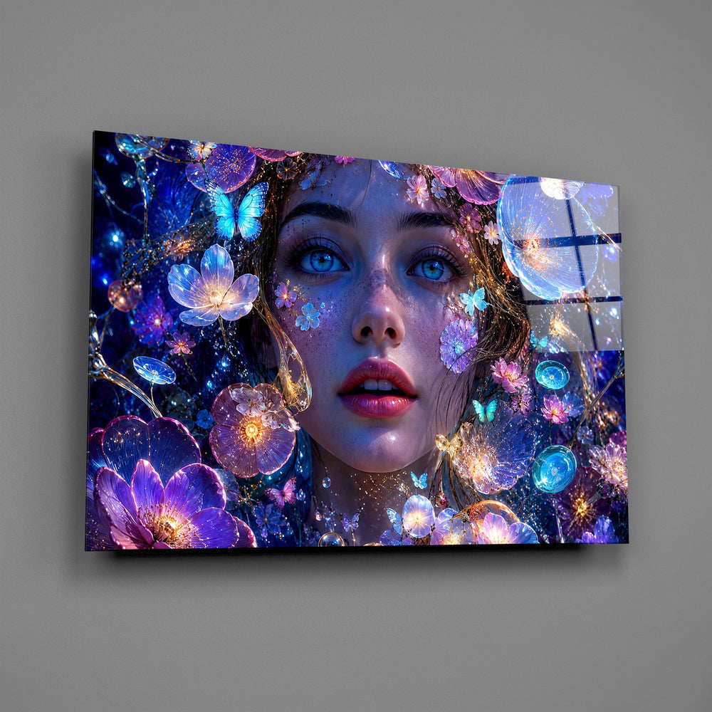 Blue Eyed Woman Glowing Flowers Glass Wall Art