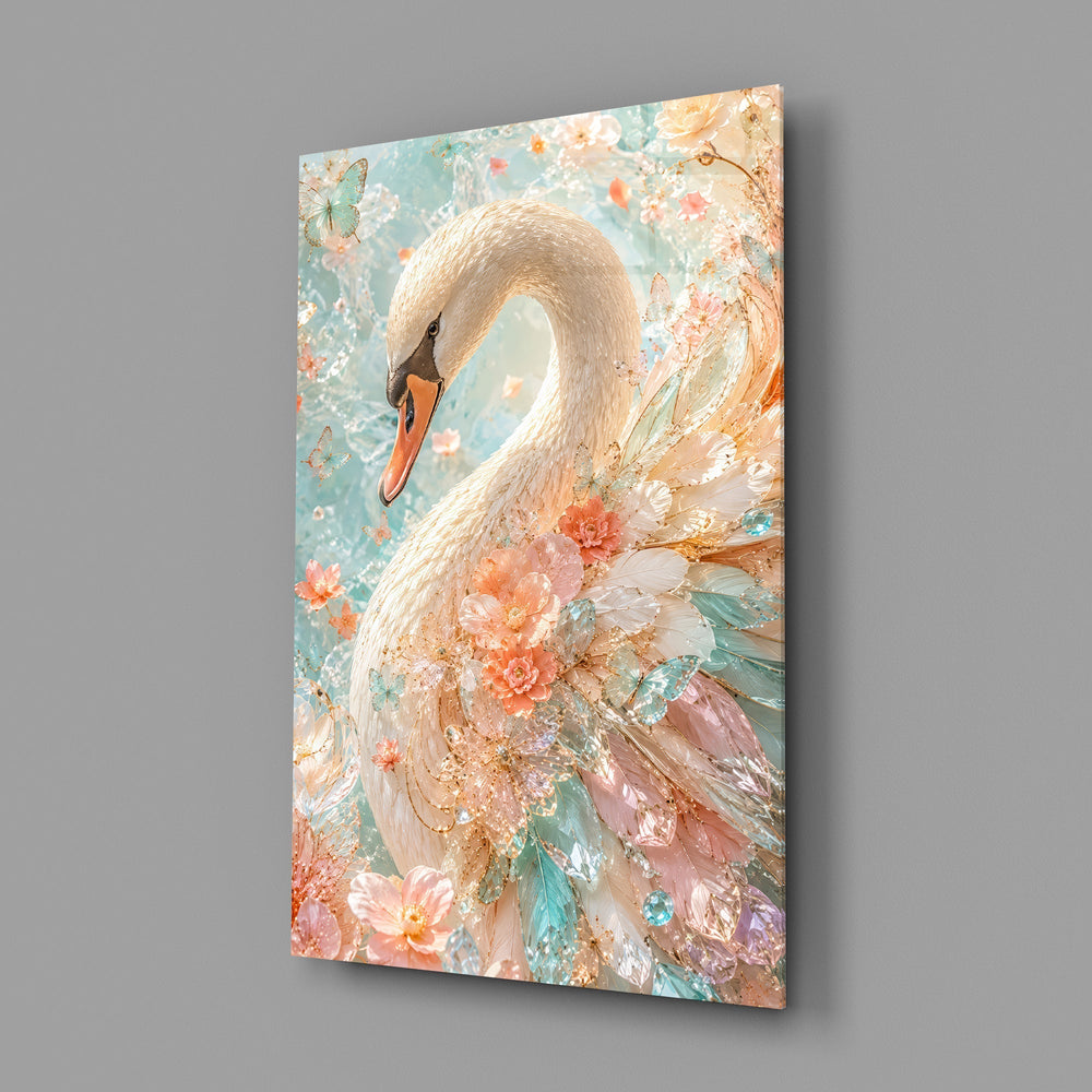Peach and Mint Crystal Swan Glass Wall Art