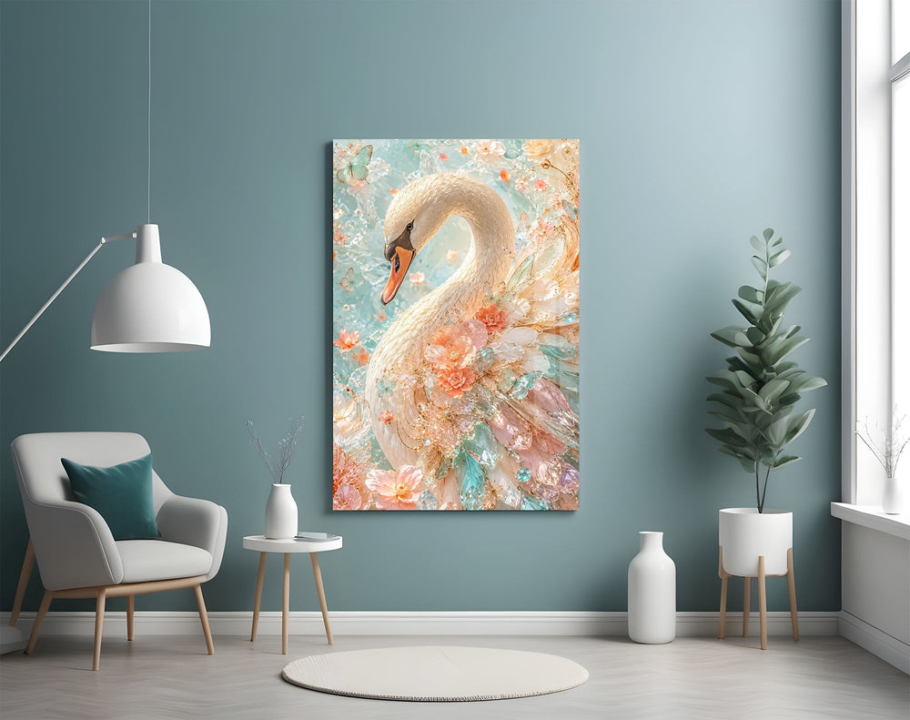 Peach and Mint Crystal Swan Glass Wall Art