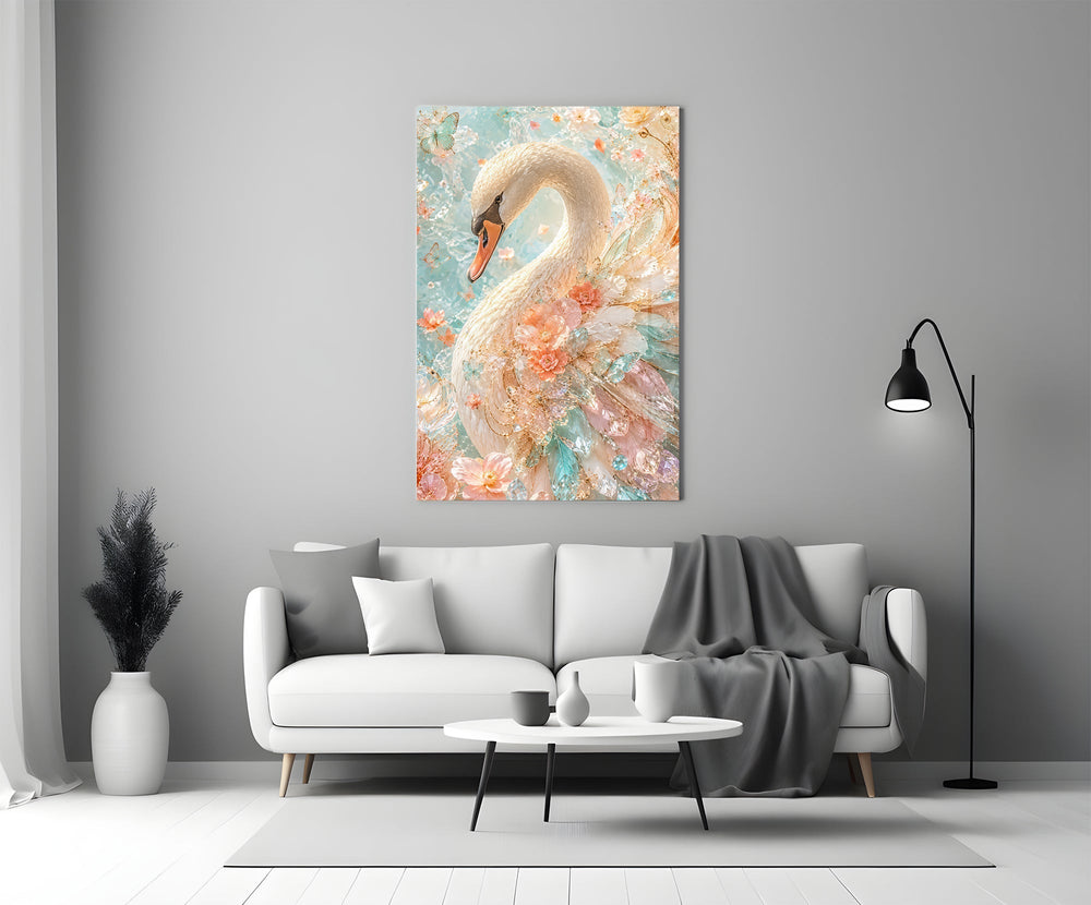 Peach and Mint Crystal Swan Glass Wall Art