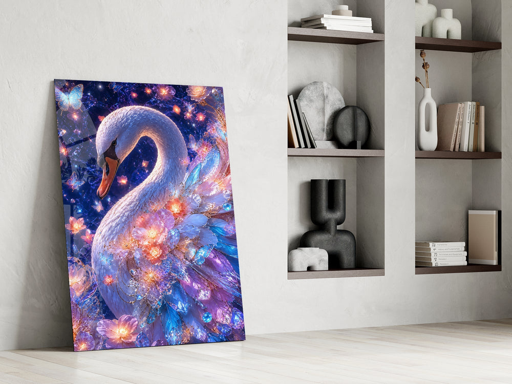 Violet Galaxy Crystal Swan Glass Wall Art