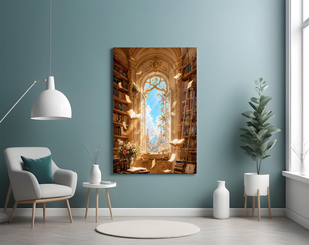 Floating Pages Sunlit Library Glass Wall Art