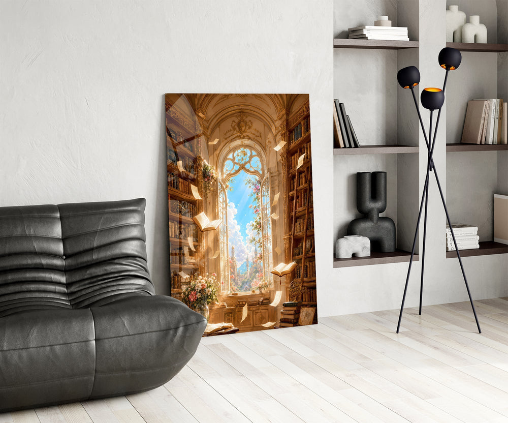 Floating Pages Sunlit Library Glass Wall Art