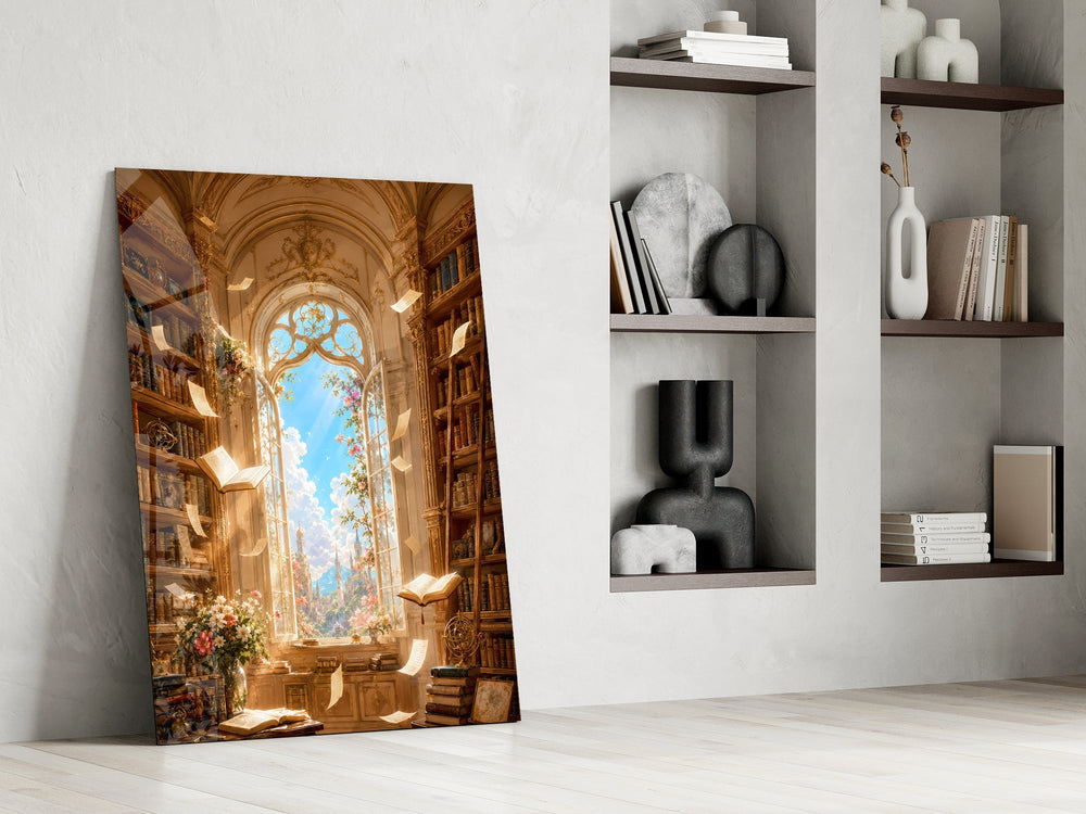 Floating Pages Sunlit Library Glass Wall Art