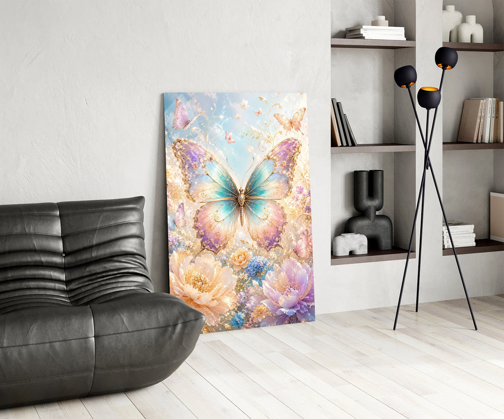 Iridescent Gold Filigree Butterfly Glass Wall Art