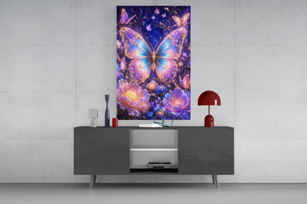 Gilded Butterfly Violet Night Garden Glass Wall Art