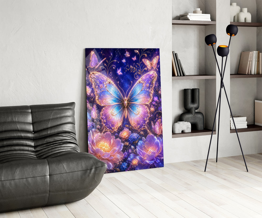 Gilded Butterfly Violet Night Garden Glass Wall Art