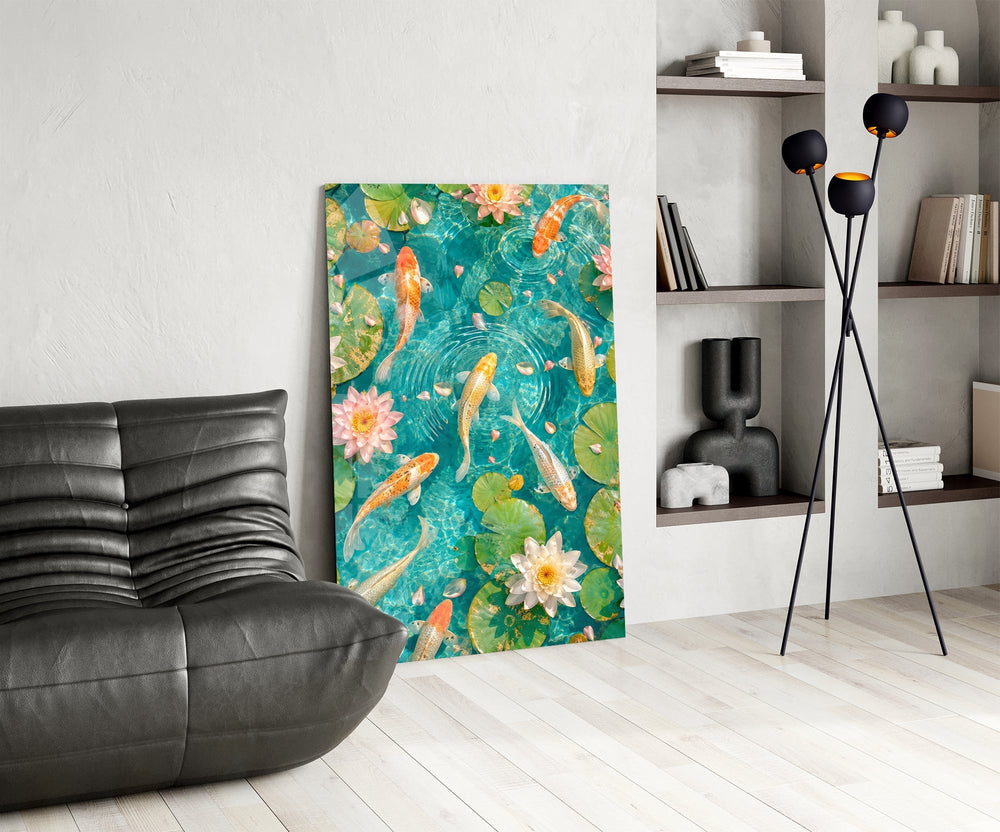 Turquoise Koi Pond Water Lily Glass Wall Art