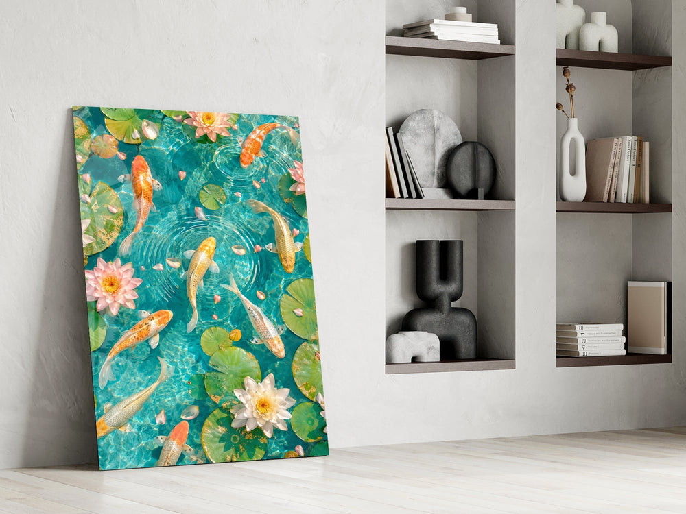 Turquoise Koi Pond Water Lily Glass Wall Art