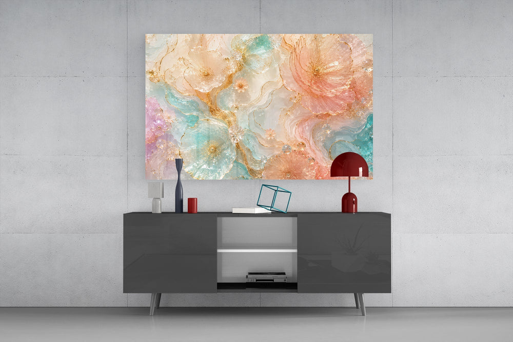 Blush Peach and Mint Marbled Petals Glass Wall Art
