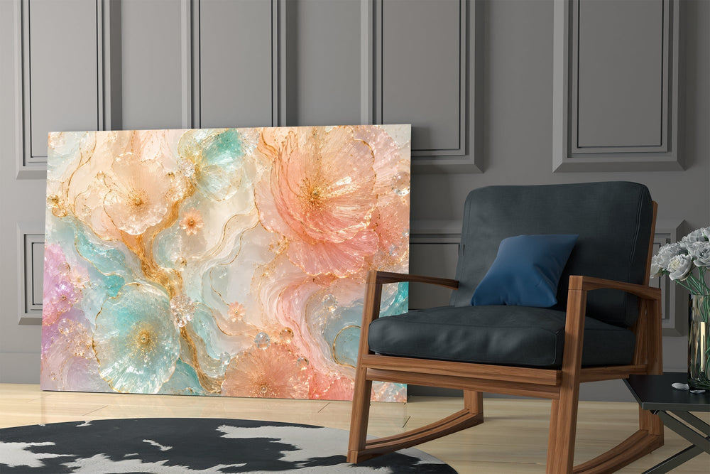 Blush Peach and Mint Marbled Petals Glass Wall Art