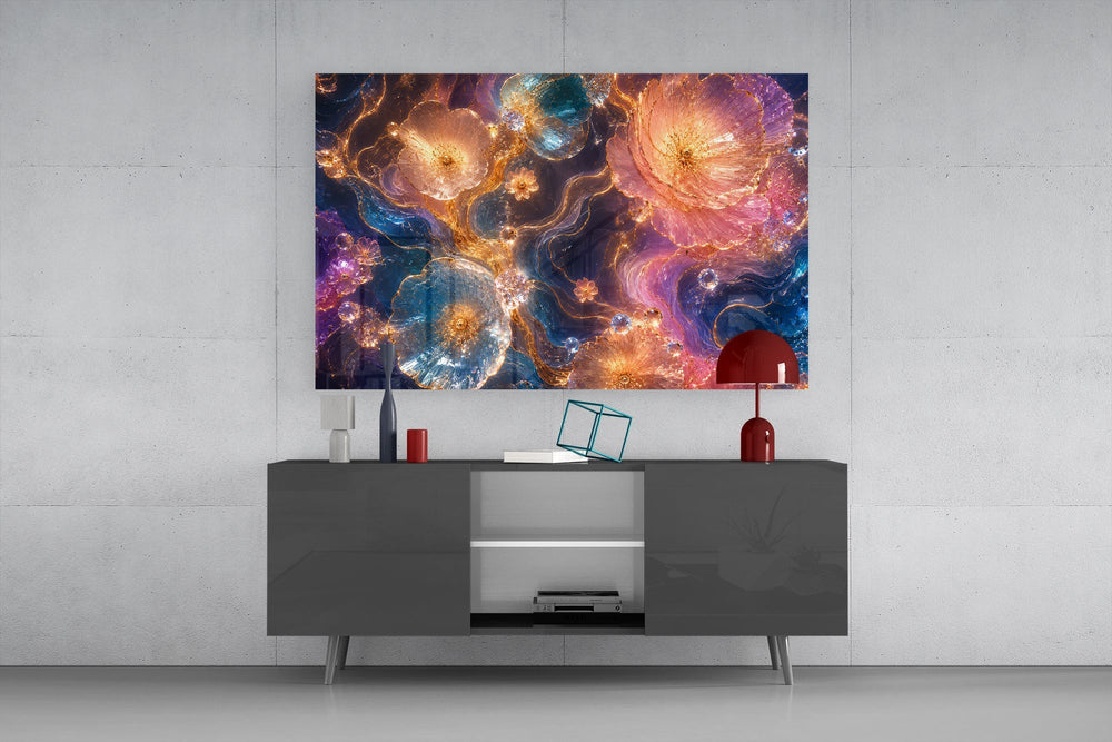 Jewel Tone Sapphire and Rose Petals Glass Wall Art