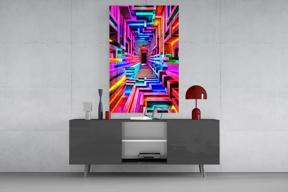 Neon Rainbow Infinity Corridor Glass Wall Art