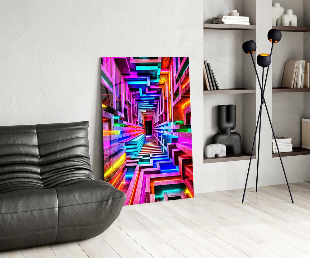 Neon Rainbow Infinity Corridor Glass Wall Art
