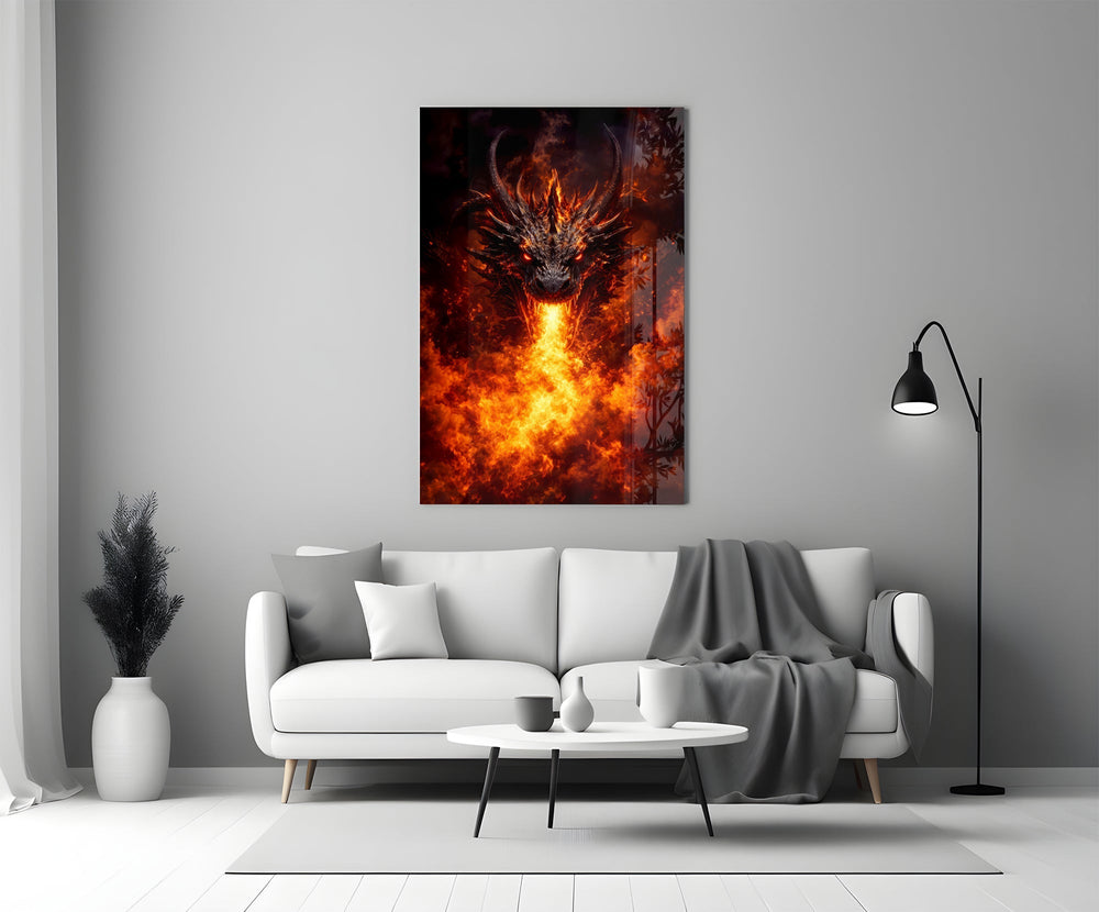 Fire Dragon Ember Eyes Flame Breath Glass Wall Art