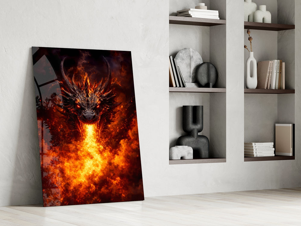 Fire Dragon Ember Eyes Flame Breath Glass Wall Art