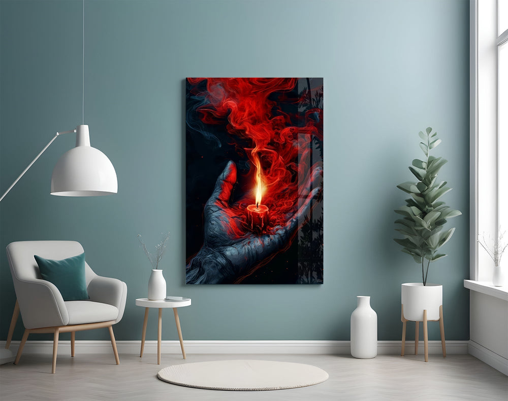 Red Candle in Cupped Hand Smoke Glass Wall Art