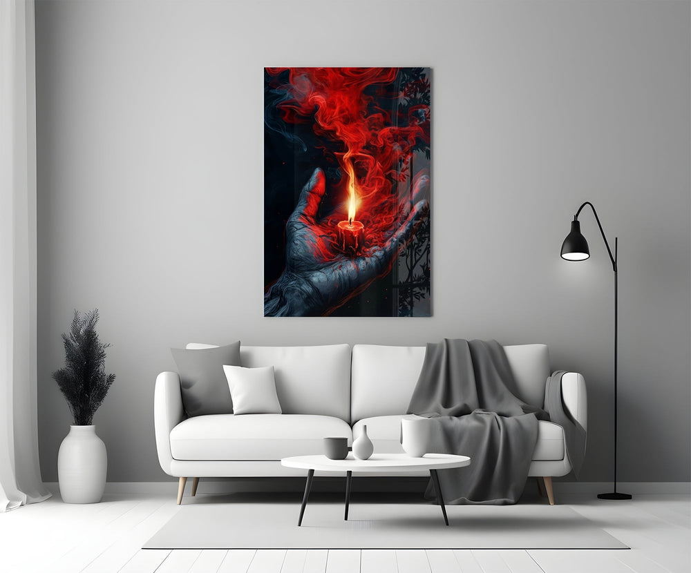 Red Candle in Cupped Hand Smoke Glass Wall Art