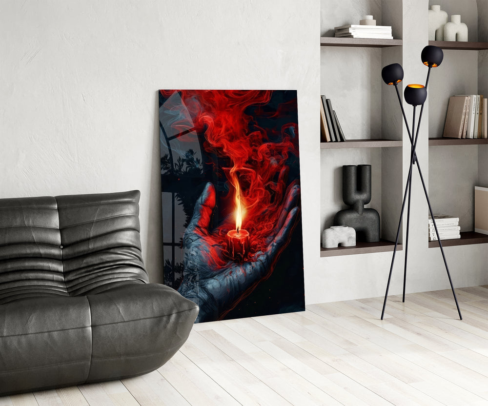 Red Candle in Cupped Hand Smoke Glass Wall Art