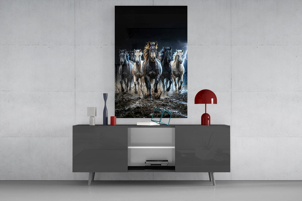 Galloping Horse Herd Lightning Storm Glass Wall Art