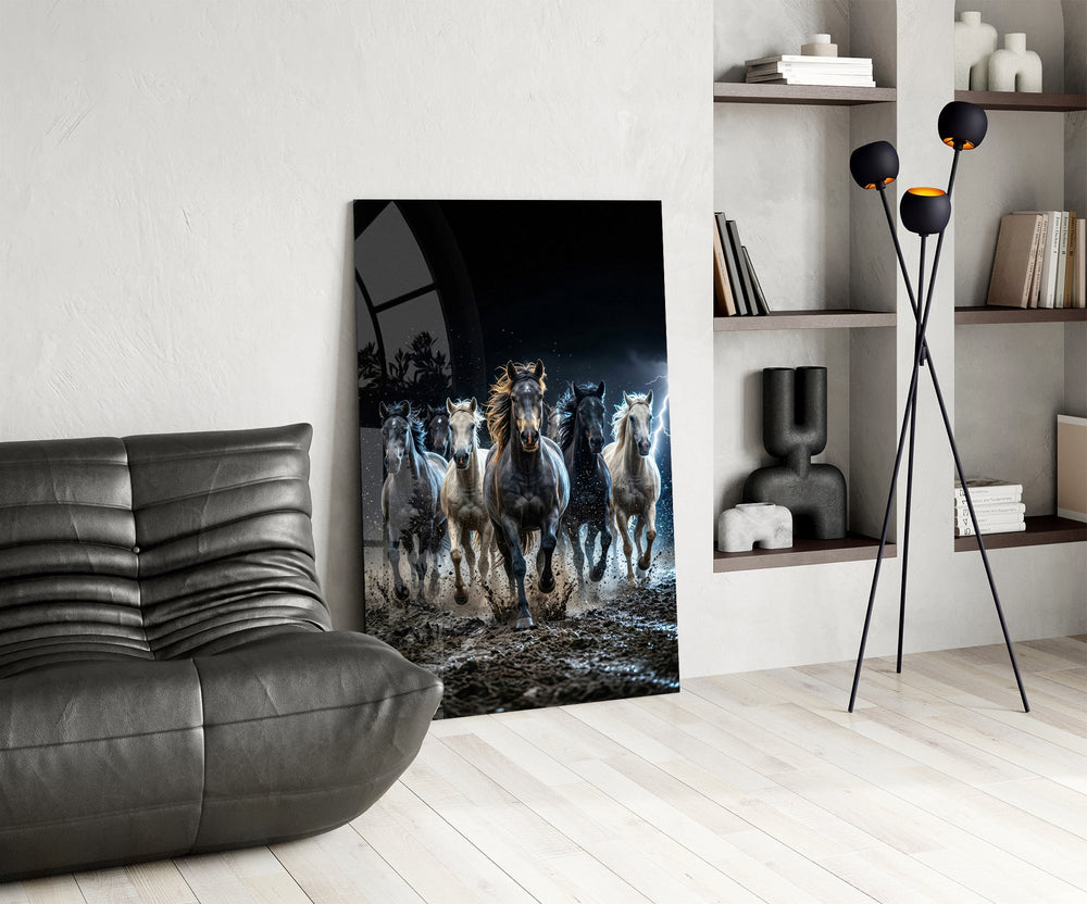 Galloping Horse Herd Lightning Storm Glass Wall Art