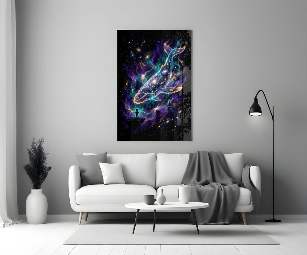 Cosmic Whale Nebula and Astronaut Glass Wall Art